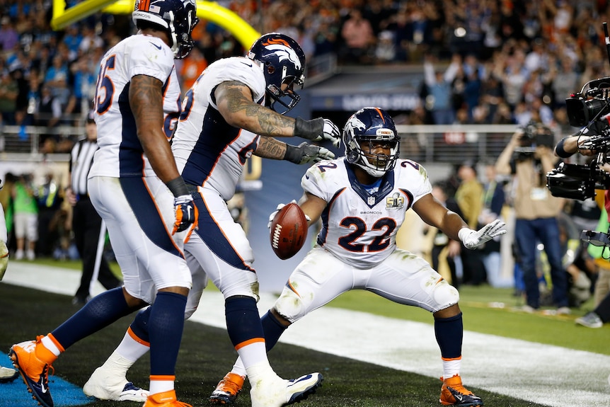 Denver Broncos #22 C.J. Anderson celebrates his touchdown against Carolina in Super Bowl 50.