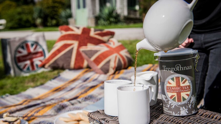 A cup of tea is poured on a picnic surround by British Union Jack pillows.