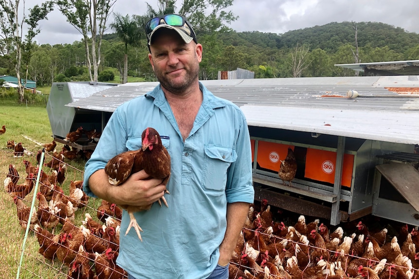 A farmer stands with a chicken in his arms in front of a chicken tractor and lots of hens.