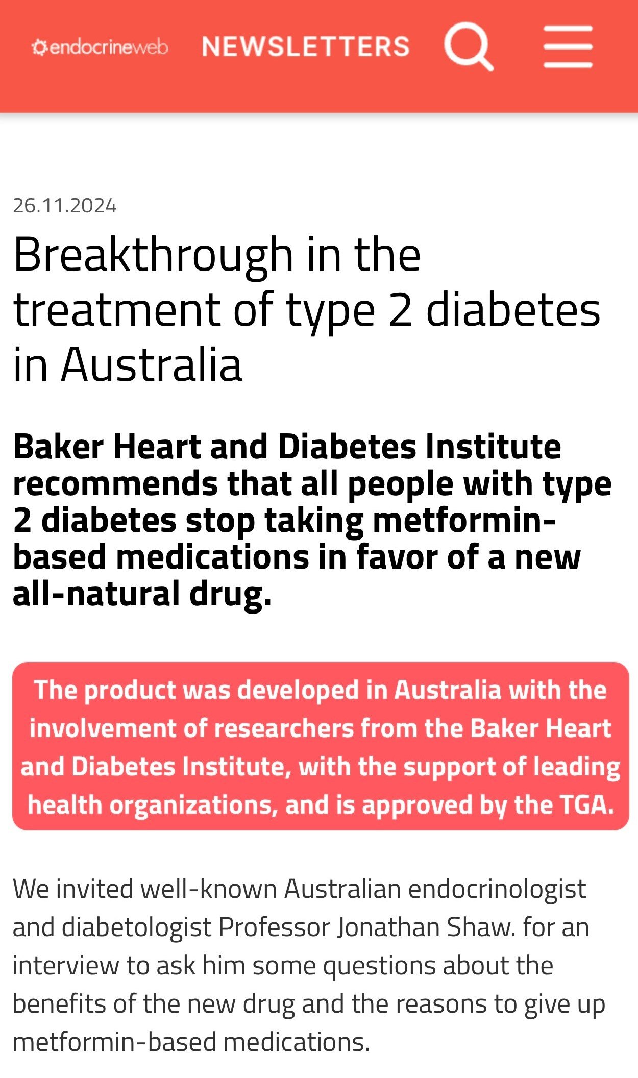 A screenshot of a fake interview transcript titled 'Breakthrough in the treatment of type 2 diabetes in Australia'.