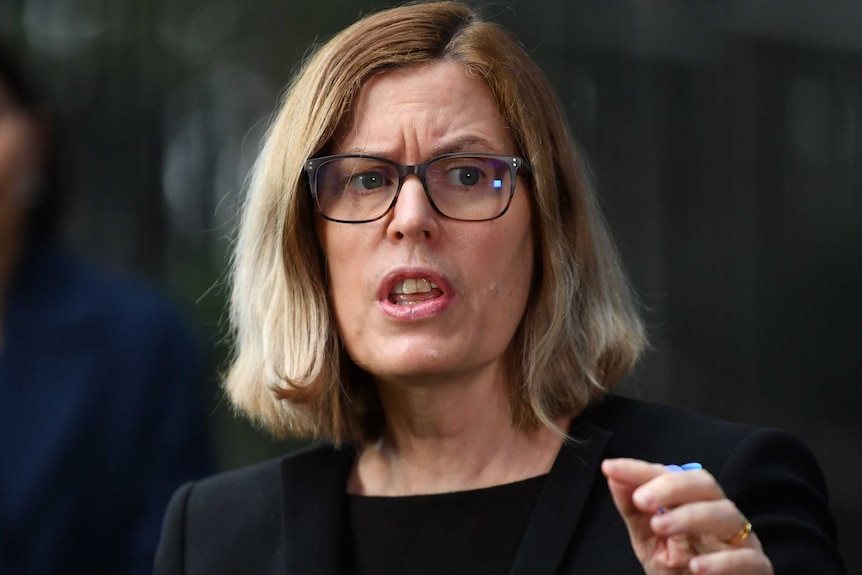 woman in glasses speaking at a press conference