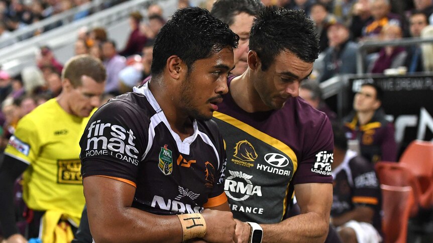 Brisbane Bronco Anthony Milford comes off the field injured against South Sydney