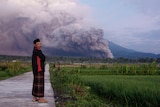 A person stands next to a field with smokes from an erupting volcano in the background.