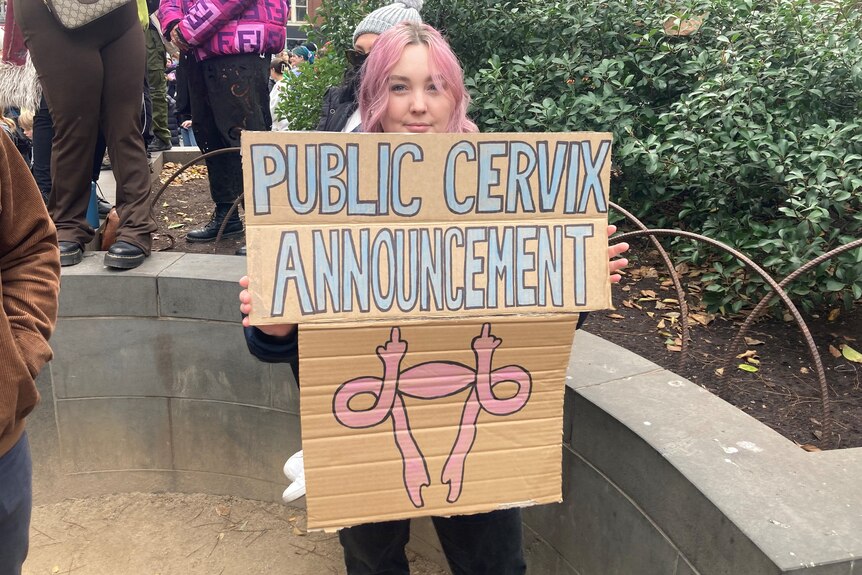 A woman with pink hair holding a sign that says 'public cervix announcement'.