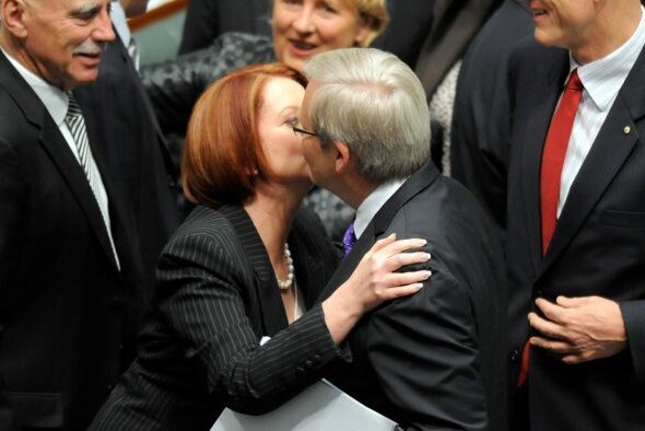 Kevin Rudd congratulates Julia Gillard.