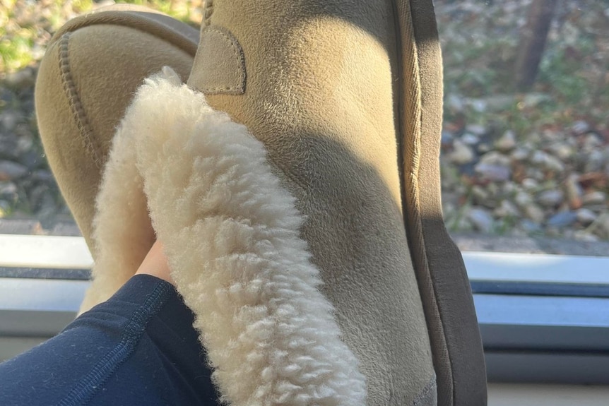 Feet wearing sheepskin slippers outstretched on a window sill. 