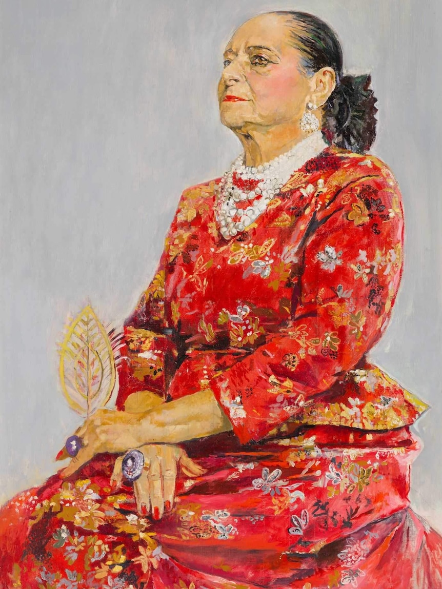 Helena Rubinstein in a red brocade Balenciaga gown, 1957 by Graham Sutherland. National Portrait Gallery.