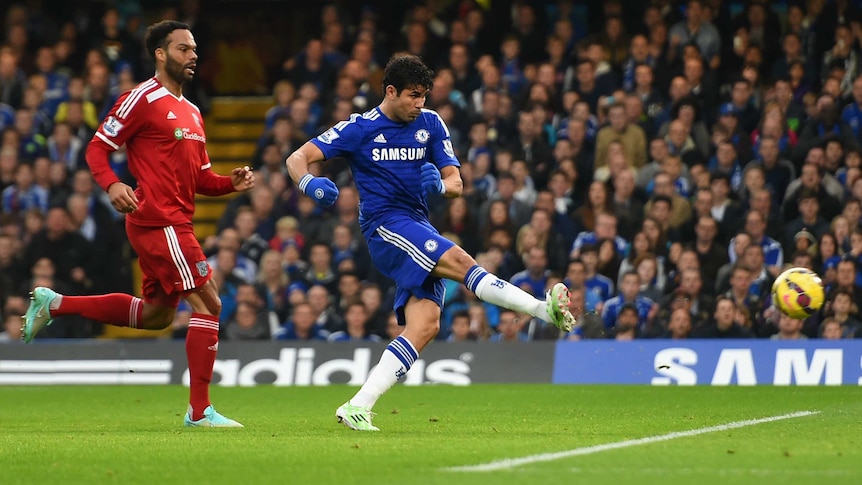 Diego Costa scores for Chelsea against West Brom at Stamford Bridge on November 22, 2014.