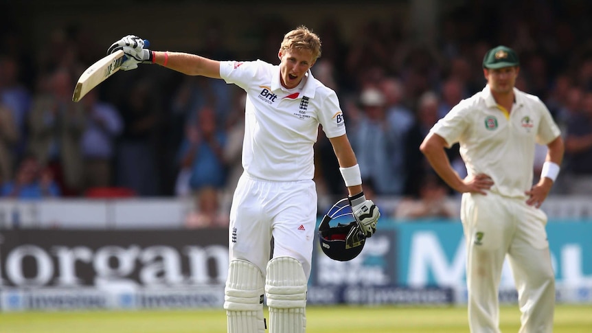 Well on top ... Joe Root celebrates after reaching his century