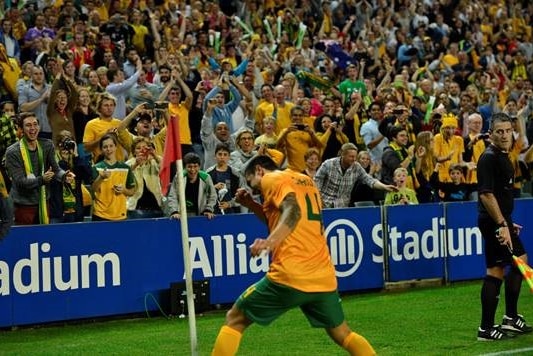 FIFA assistant referee Paul Cetrangolo looks on as Tim Cahill celebrates.