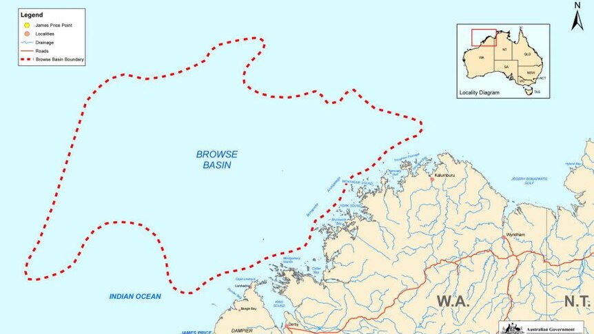 A map showing the location of Browse Basin off the WA coast.