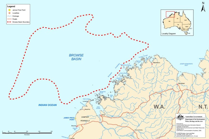 A map showing the location of Browse Basin off the WA coast.