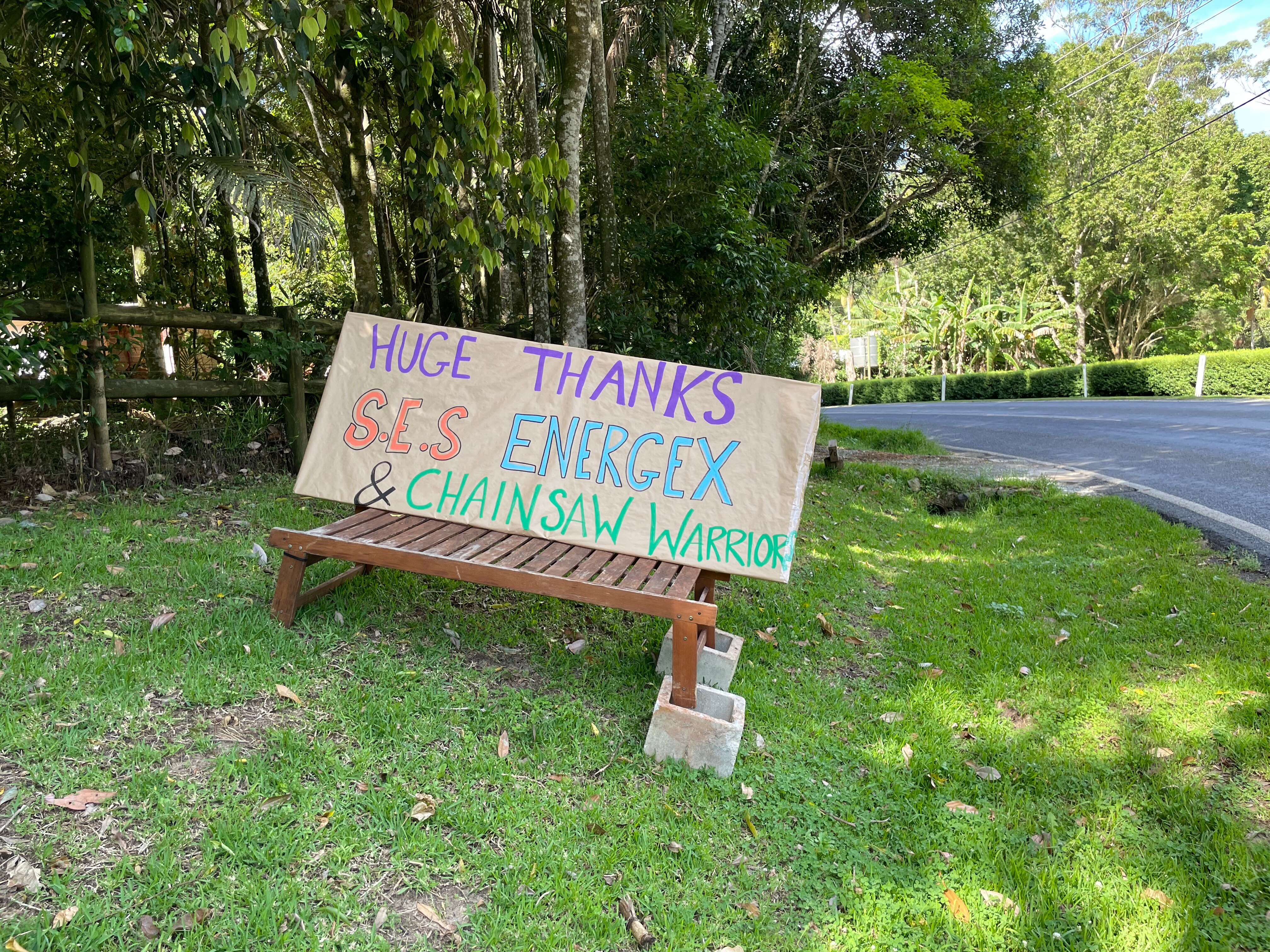 a sign giving thanks those helping clean up Tamborine Mountain