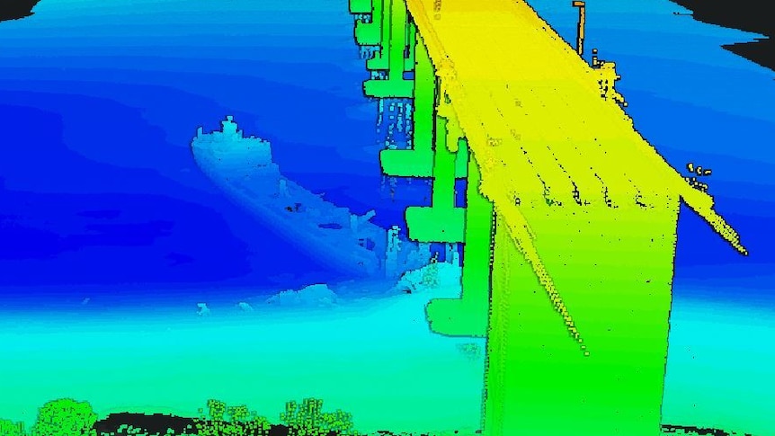 A 3D scan showing a large ship resting next to a bridge pylon.