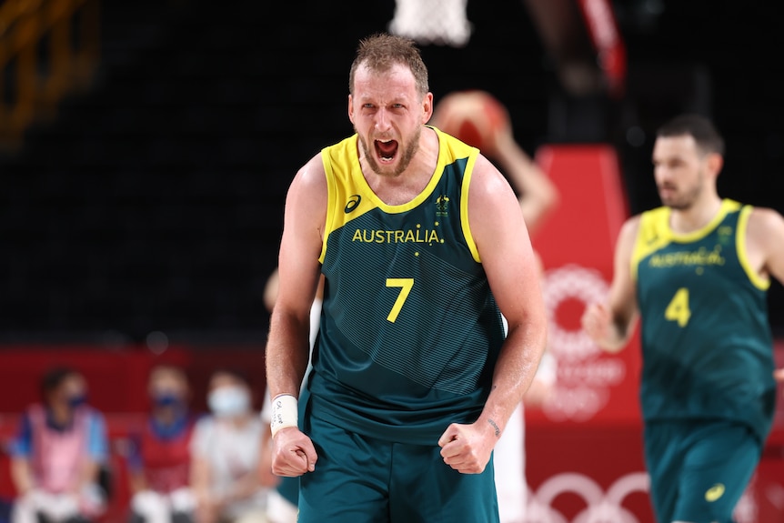 Australian basketball player Joe Ingles shouts during a bronze-medal game against Slovenia at the Tokyo Olympics.