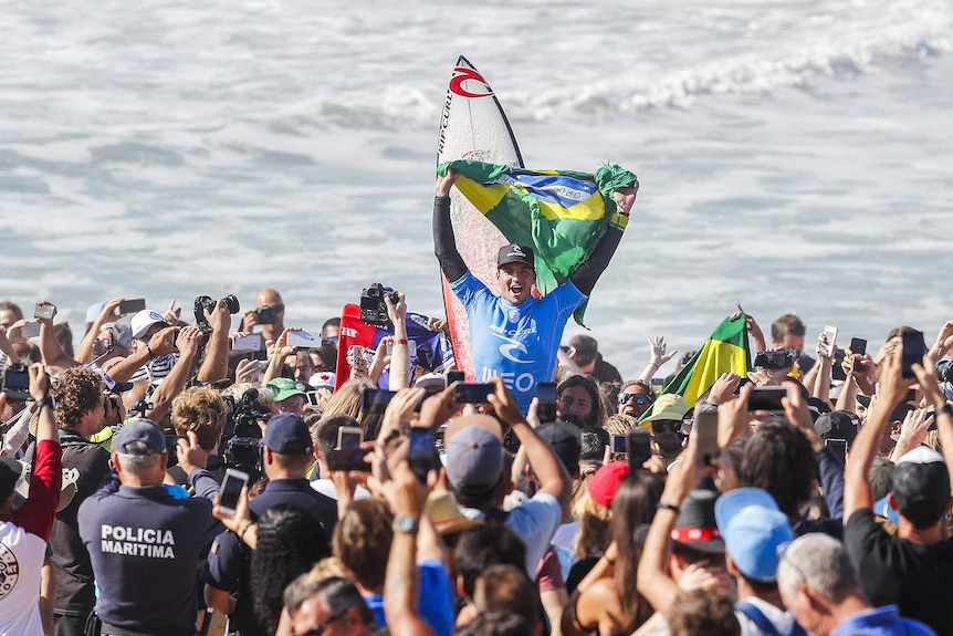 Gabriel Medina enjoying his win over Julian Wilson in Portugal