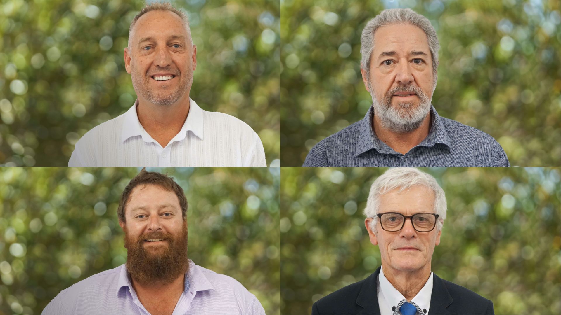 A collage of four men, professional headshots with a blurred plant foliage background.