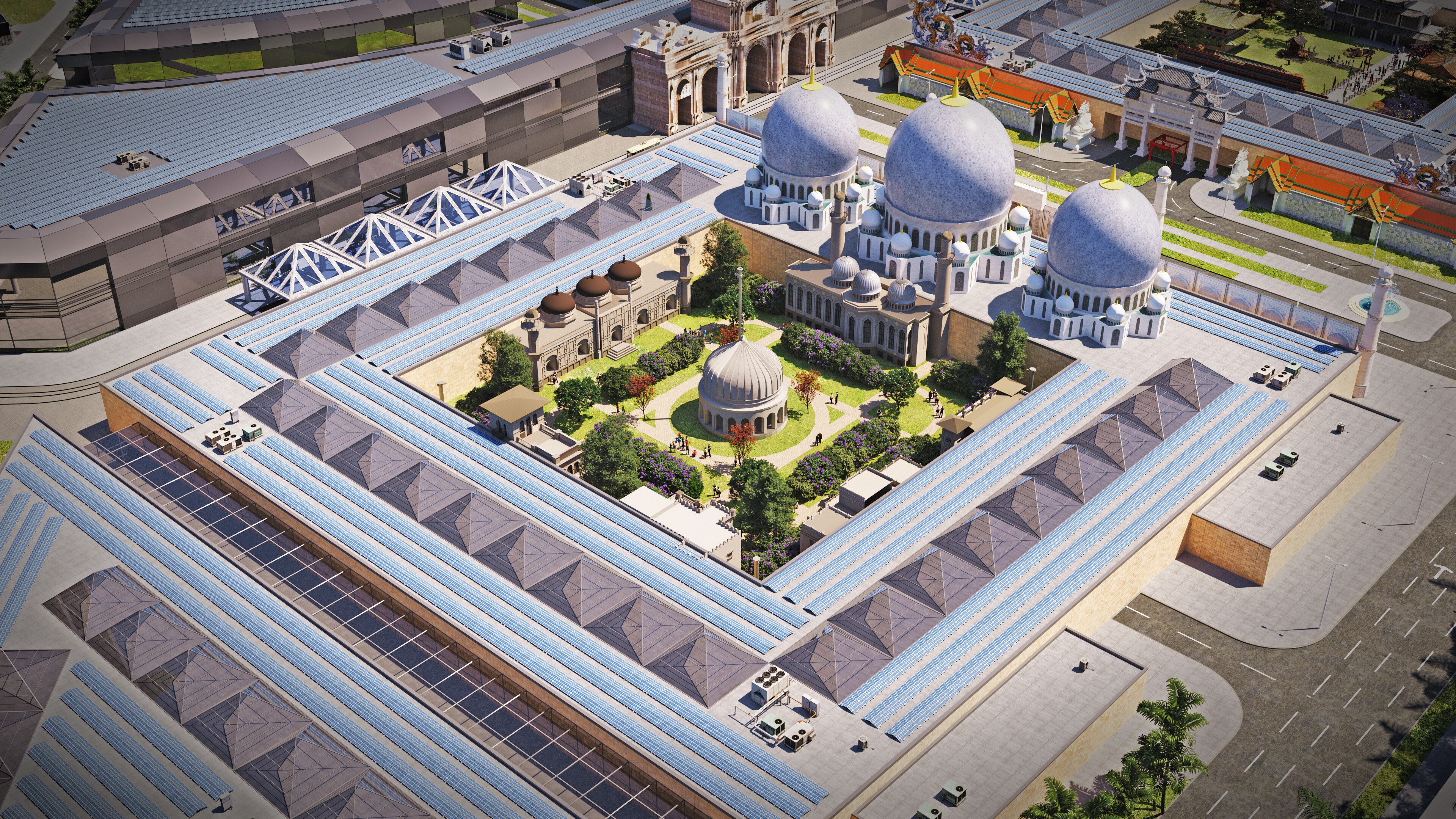 Vista aérea del jardín rodeado de edificios.