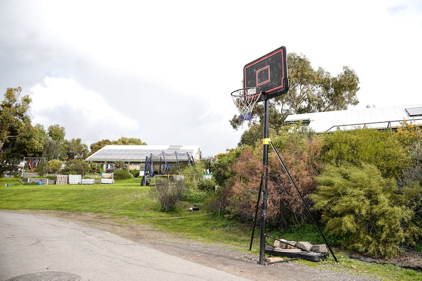 A freestanding basketball rings stands outside a house facing the street.