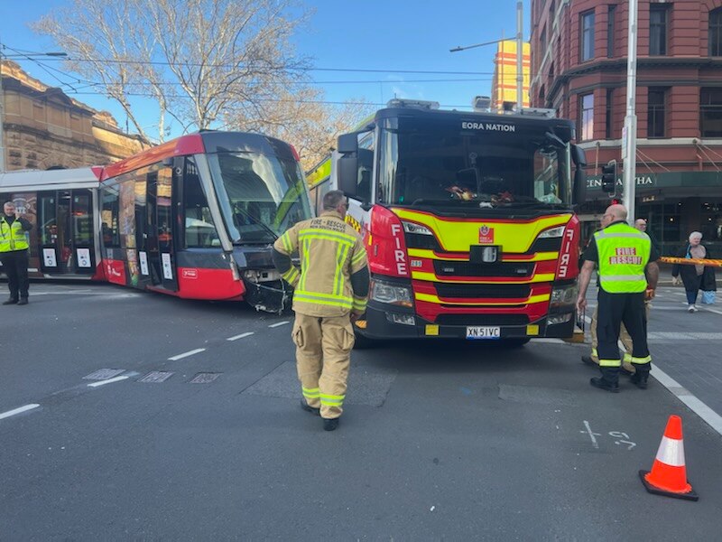 Moment tram collides with fire truck in Sydney CBD - ABC News