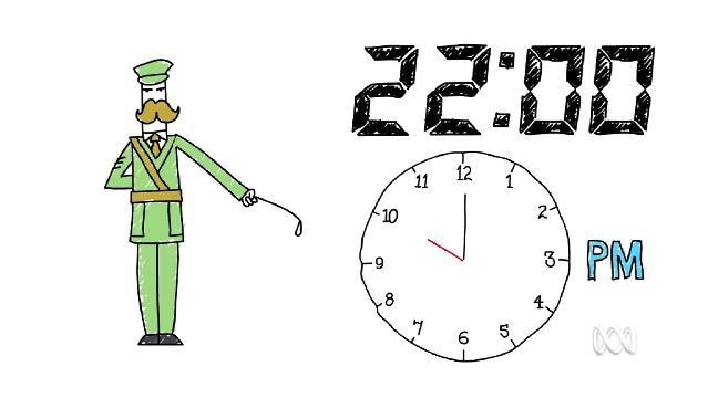 Cartoon train conductor points to large analog clock, digital time above clock