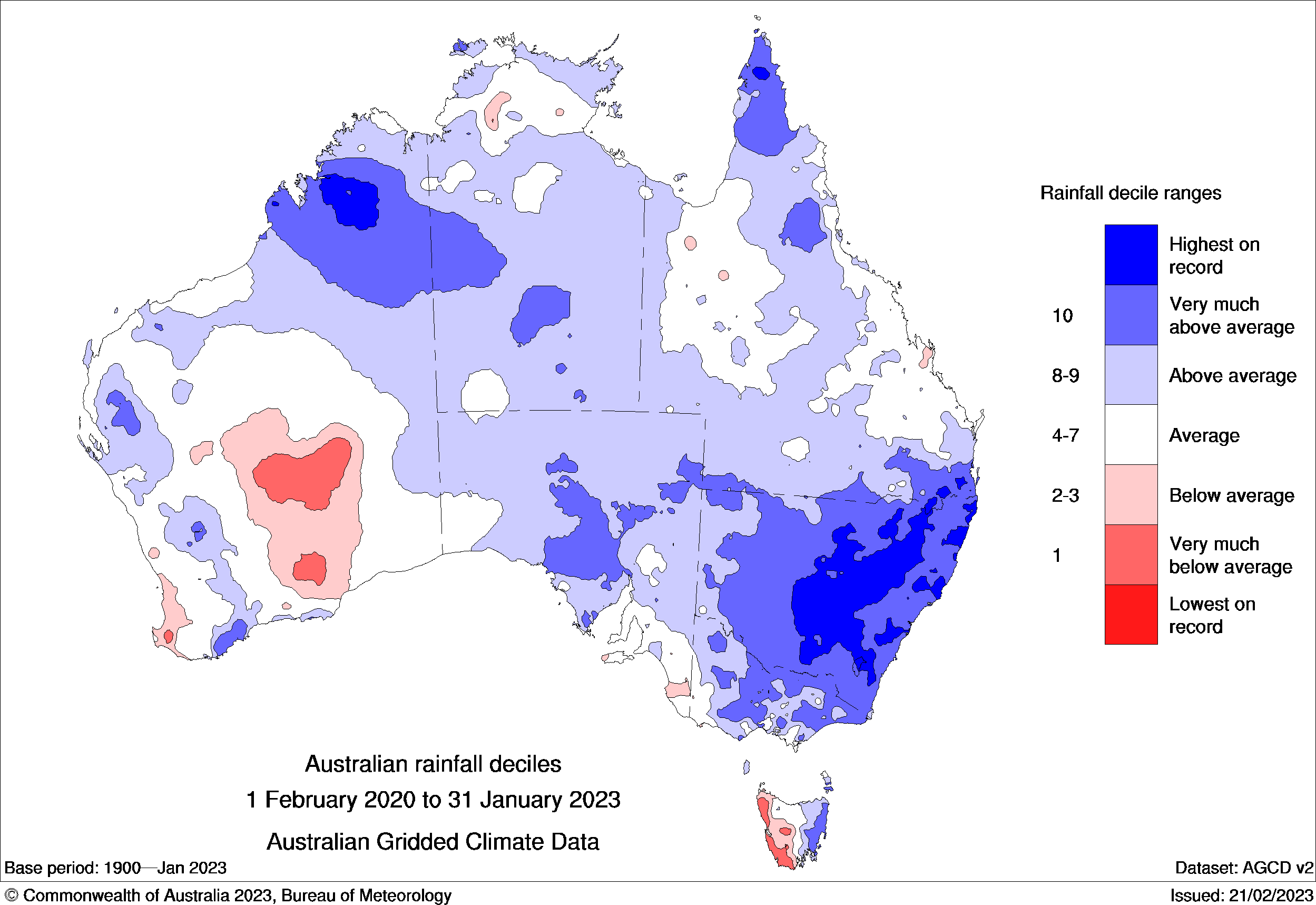 A map of Australia with different colours showing the patches where most rain fell