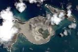 A satellite image shows the volcano from above.