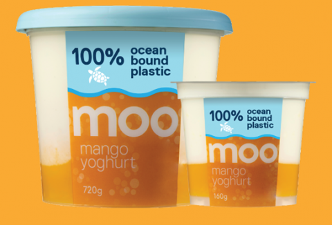 A close up photo of MOO yoghurt packaging featuring the descriptor, '100% ocean bound plastic'