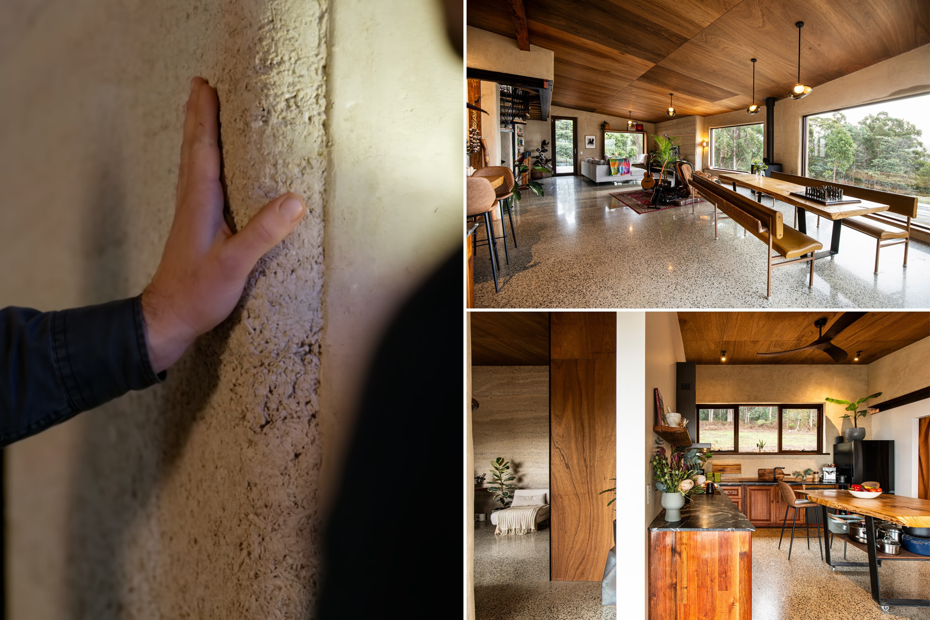 A composite of three images of the inside of the house including a close up of the hemp wall, the living area and kitchen