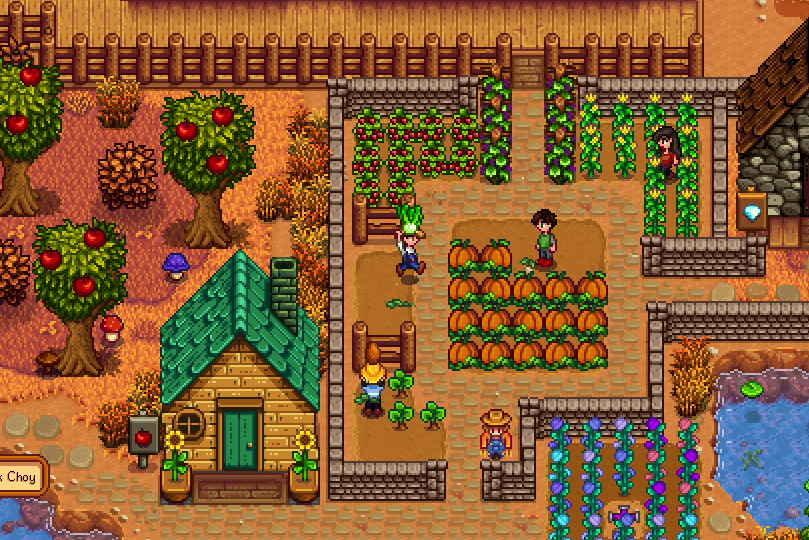 A screenshot from the Stardew Valley video game of a 2D farm with many characters and crops