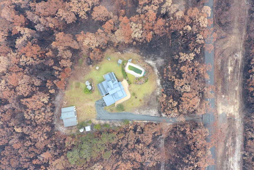 An aerial view of a house and outbuildings on a green patch, surrounded by burnt bushland.