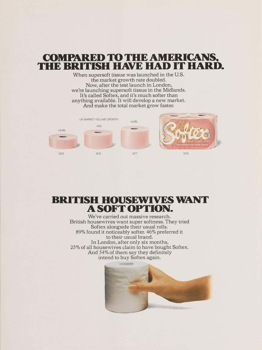 A vintage British toilet paper advert, a hand is holding a toilet roll.