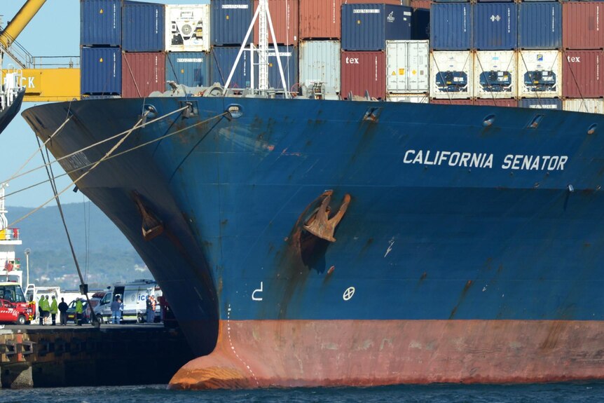 Authorities stand next to the container ship, California Senator.