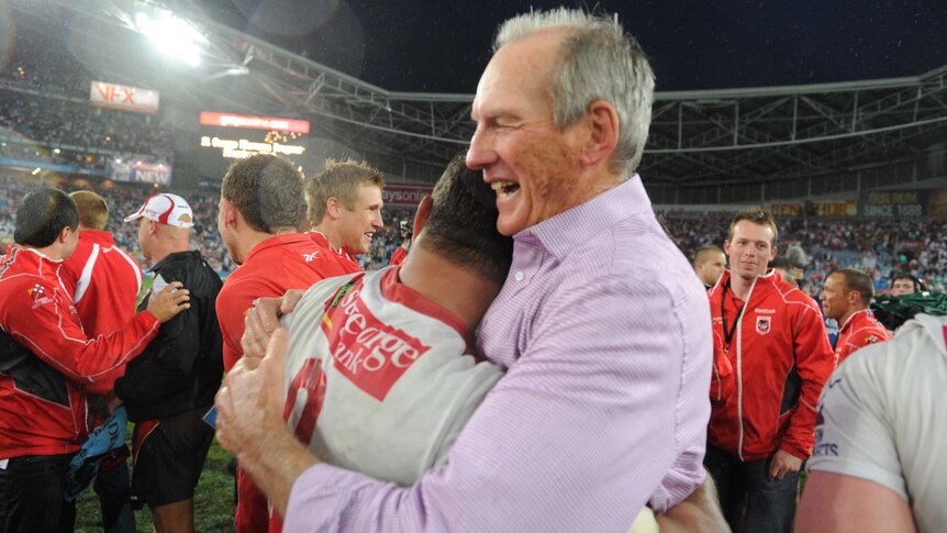 Dragons' coach Wayne Bennett celebrates a win over Sydney Roosters in the 2010 NRL Grand Final.