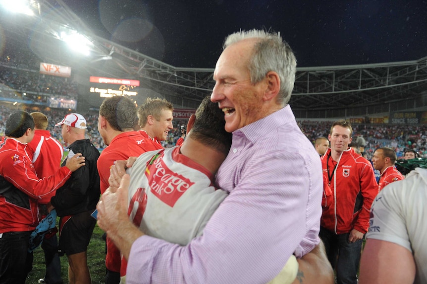 Dragons' coach Wayne Bennett celebrates a win over Sydney Roosters in the 2010 NRL Grand Final.