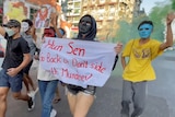 Demonstrators on the streets protest against the visit of Cambodian Prime Minister Hun Sen.