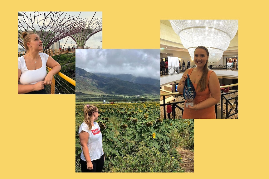 Collage of a young woman winning an award and travelling.