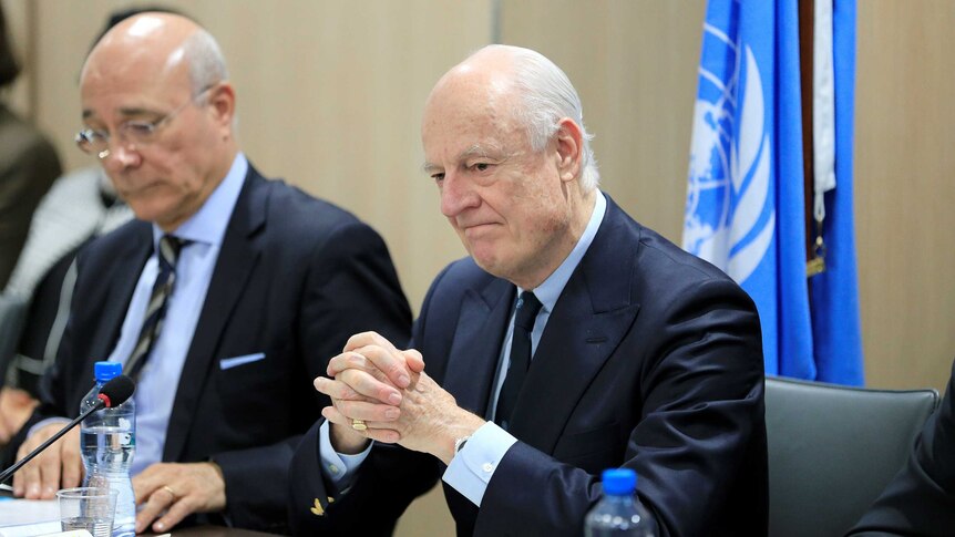UN Special Envoy for Syria Staffan de Mistura attends a meeting.