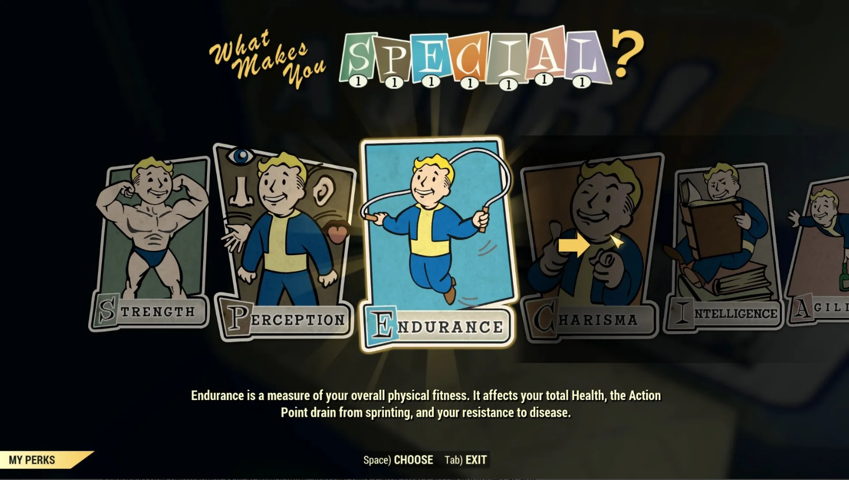 A screenshot of the Fallout game that says What Makes You Special? Offering seven cards with the categories written on them