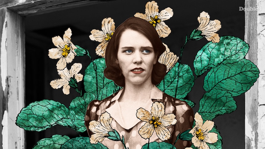 An illustration of American singer-songwriter Gillian Welch in a brown and white spotty dress surrounded by acony bell flowers
