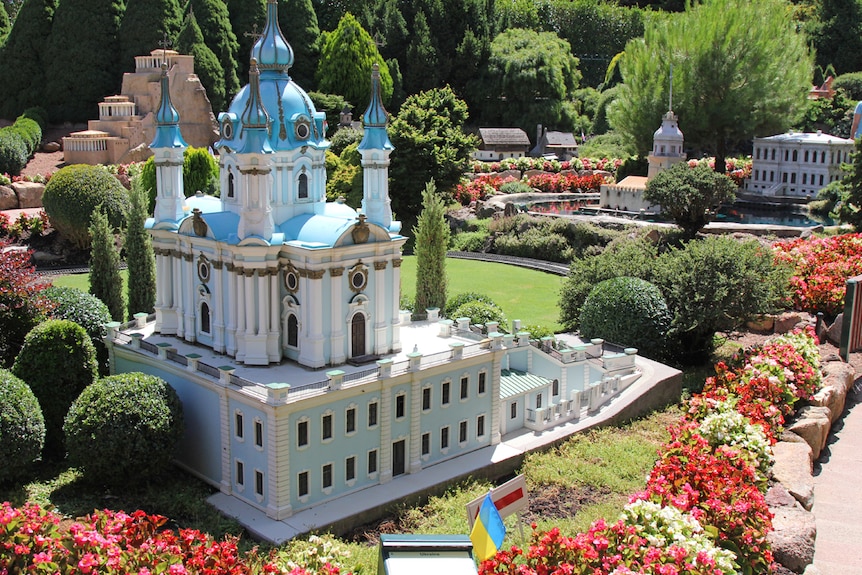 Impressive blue scale model church.