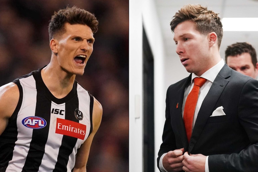 Collingwood's Brody Mihocek celebrates while Toby Greene wears a suit to judiciary.