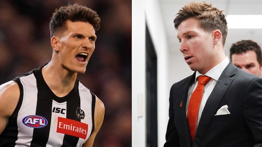 Collingwood's Brody Mihocek celebrates while Toby Greene wears a suit to judiciary.