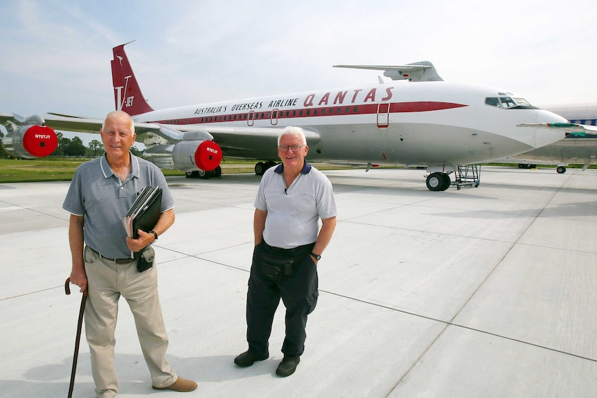 Engineers inspect John Travolta's Boeing 707 in Georgia, USA.