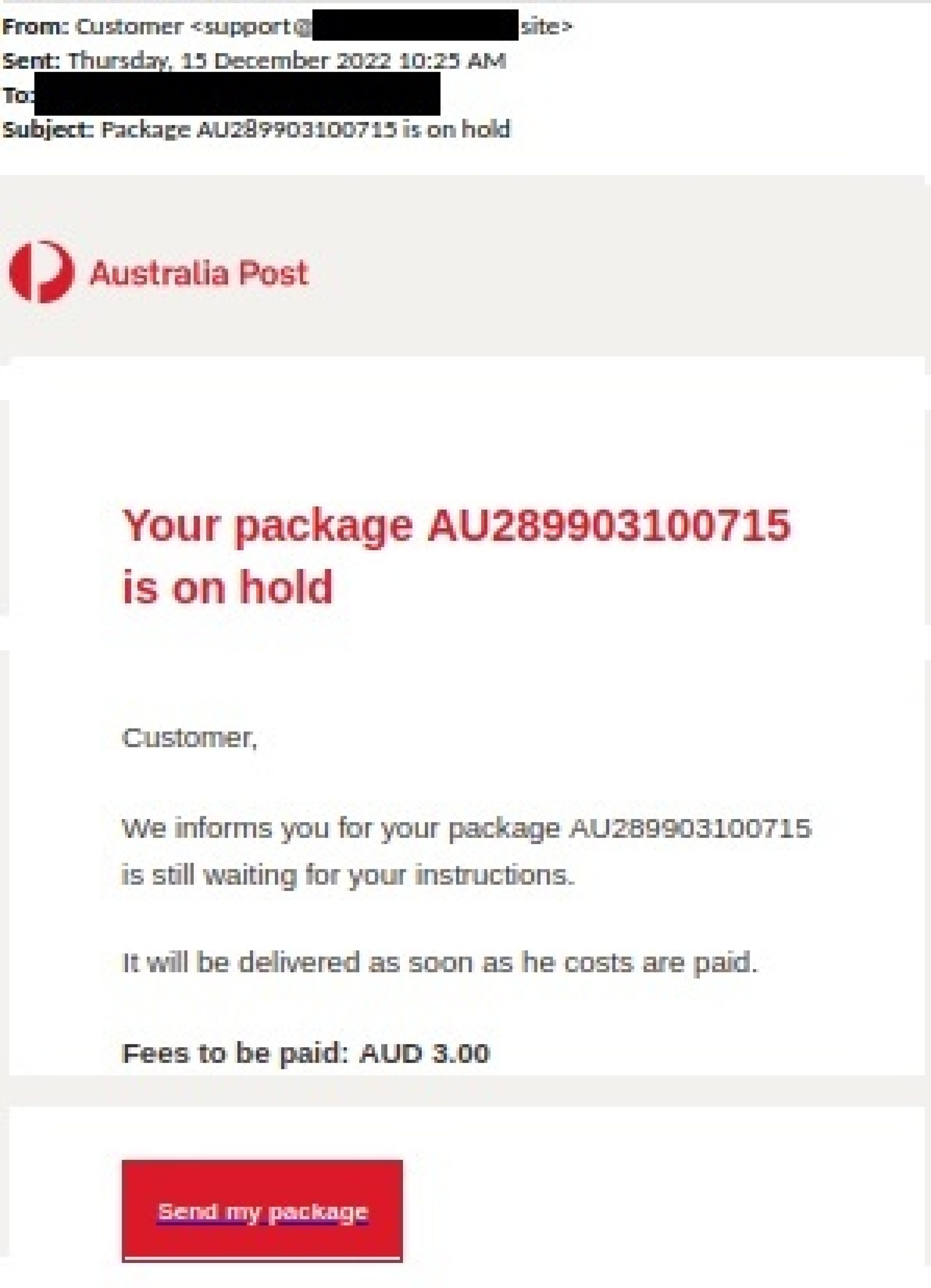 A screenshot of an email with an Australia Post logo saying "your package AU228990300715 is on hold"