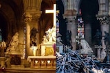 A split image shows the altar at Notre Dame before and after the fire.