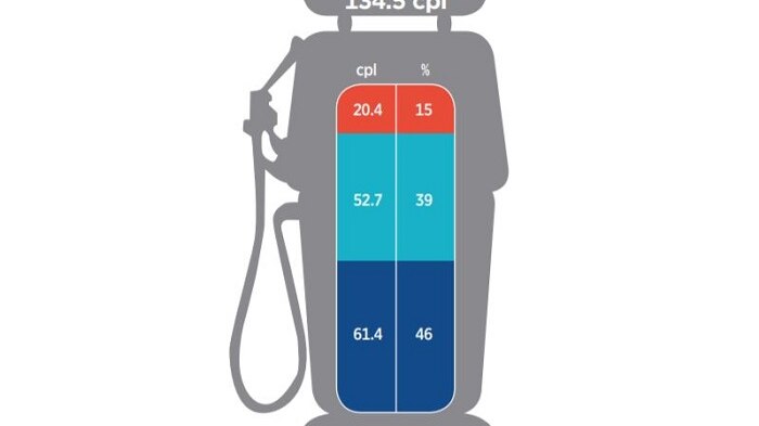 Infographic showing the percentages of profit, costs, taxes and international price of fuel.