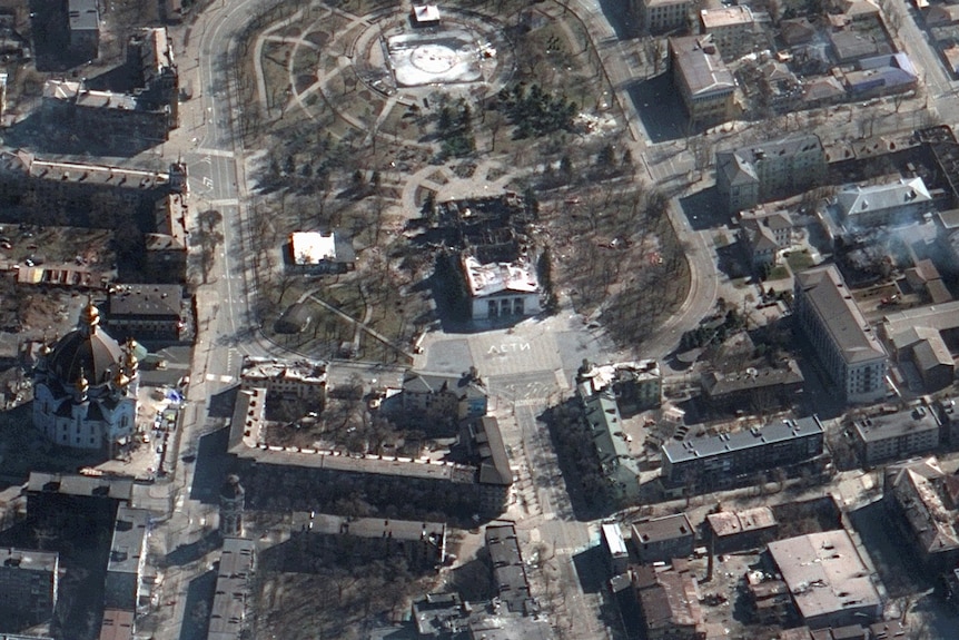 A aerial shot of the destroyed Mariupol Drama Theatre and surrounds. 