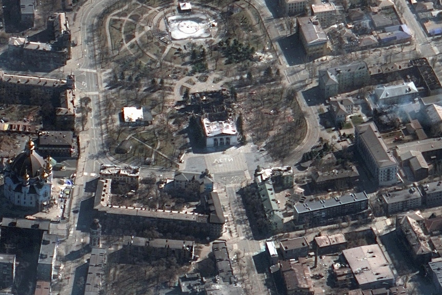 A satellite image shows a view of Mariupol Drama Theatre aftermath of an airstrike.