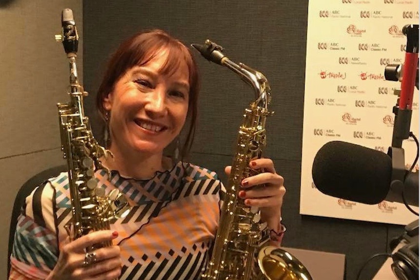 Katia Beaugeais in the ABC studio with her soprano and alto saxophones.